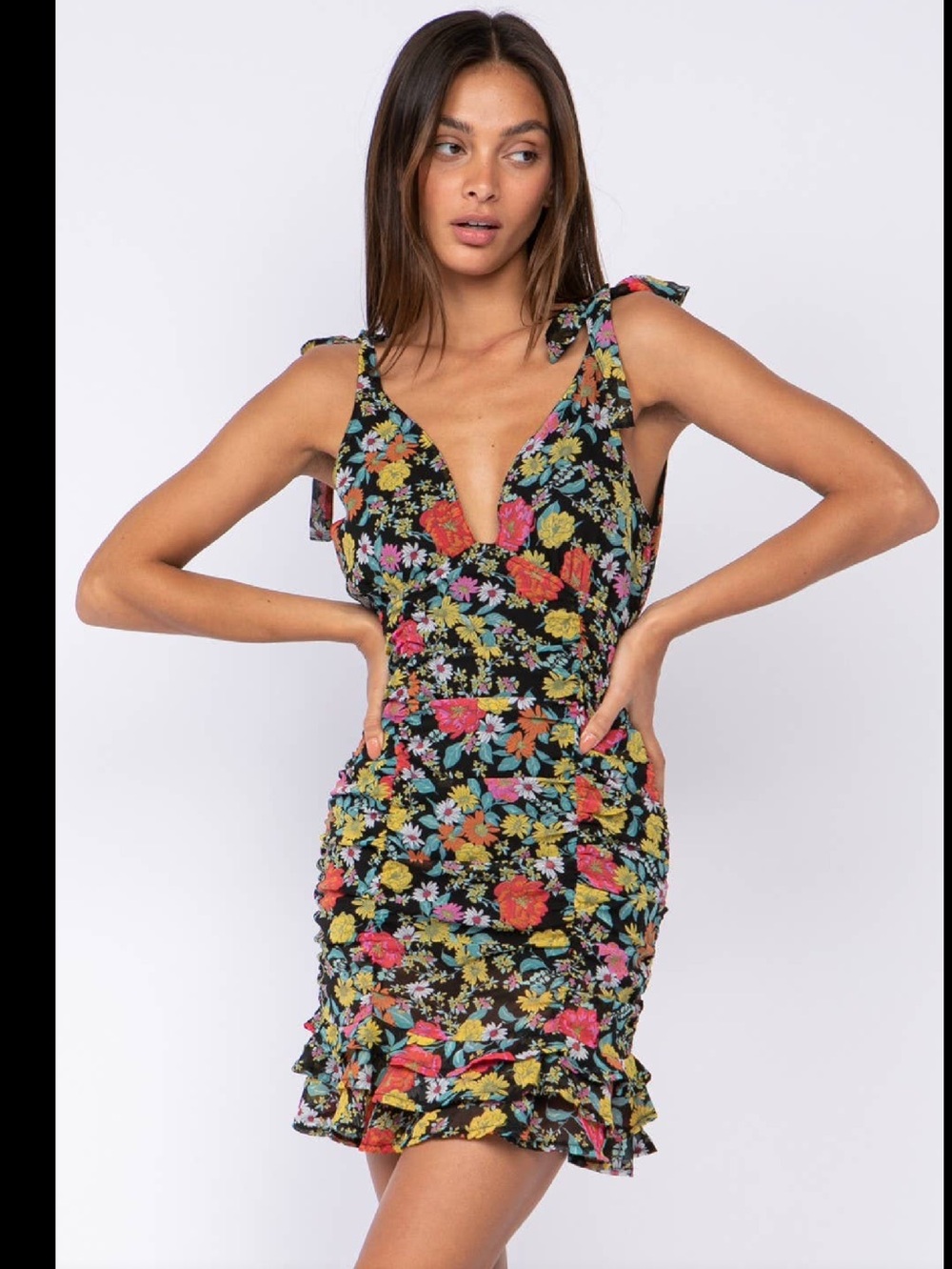 SKY TO MOON Floral Tie-Shoulder V-Neck Mini Dress in Black Multi ♥️♥️